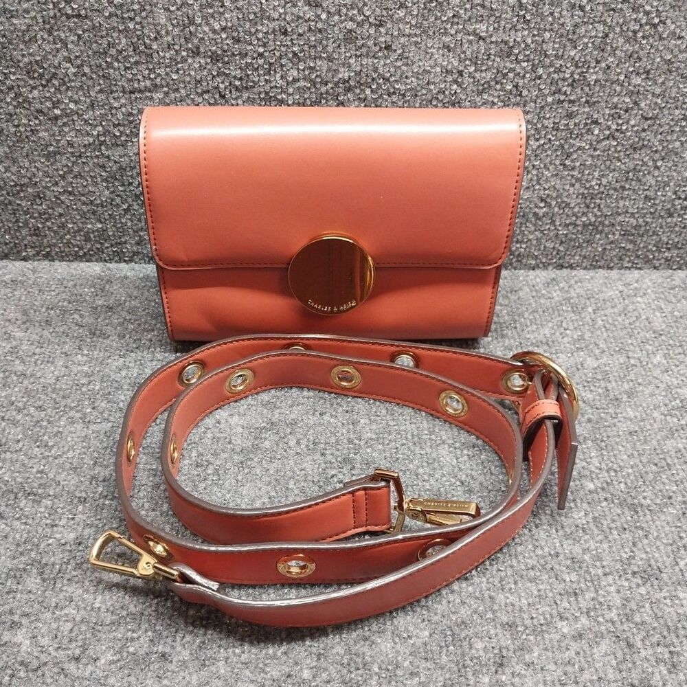 Charles & Keith Terracotta Vegan Leather Crossbody Shoulder Bag Gold Tone